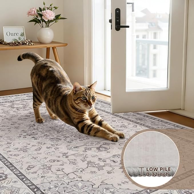 10x14 Area Rugs Living Room: Bedroom Washable Carpet Beige & Grey | Large Vintage Boho Indoor Decor Neutral Soft Nursery Farmhouse Dining Room Office Floor Non-Slip Low Pile Under Table Rug