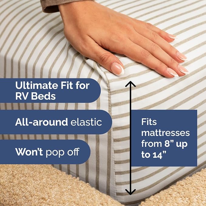 Short Queen Size 4 Piece Bed Sheet Set - RV Short Queen - Beige Stripes | Ultra-Soft, Breathable & Cooling Bed Sheets Set with Deep Pockets, Hotel Luxury Bedding for Women & Men, Wrinkle & Fade Free