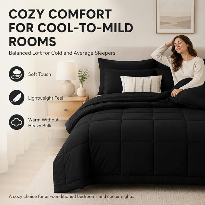 King Size Comforter Set Black - 7 Pieces Bed in a Bag | OEKO-TEX Certified, All-Season, Bedroom, Guest Room, Down-Alternative Comforter + Flat & Fitted Sheets + 4 Pillowcases