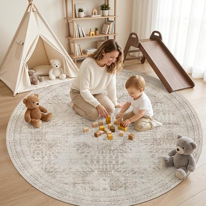 Round Area Rug Living Room: 6ft Neutral Washable Carpet Rug Brown | Vintage Boho Circle Soft Large Circular Carpet Bedroom Nursery Farmhouse Dining Room Indoor Decor Floor Non-Slip Under Table