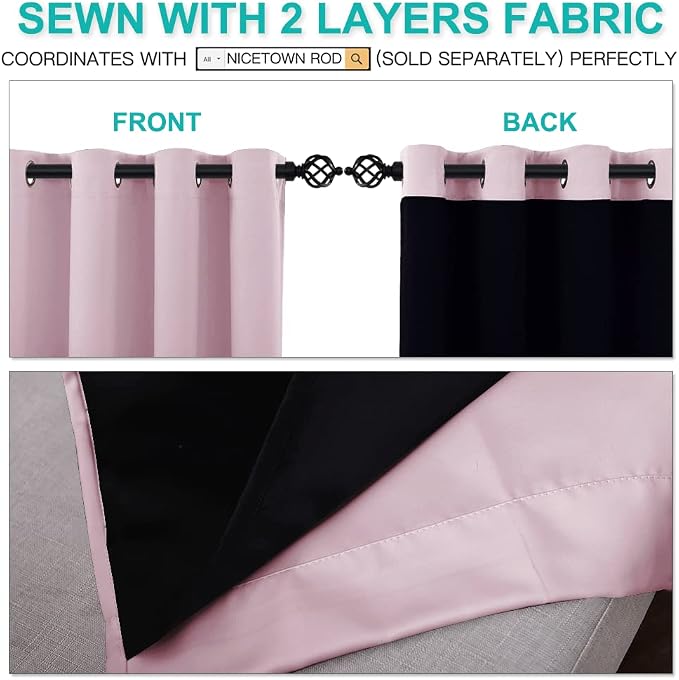 NICETOWN 100% Blackout Curtains 45 inches Long, 2 Thick Layers Completely Blackout Window Treatment Thermal Insulated Lined Drapes for Small Window (Lavender Pink, 1 Pair, 52 inches Width Each Panel)