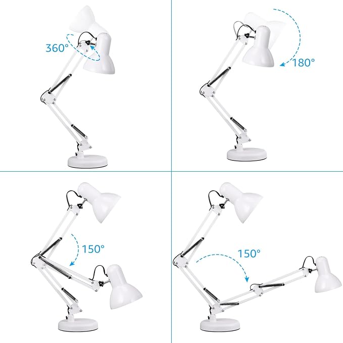 TORCHSTAR Metal Desk Lamp, Adjustable Swing Arm, E26, White | Architect Gooseneck Multi-Joint Clip Table Lamp with Plastic Clamp, for Home Office, Work, Study, Reading, Bulbs not Included