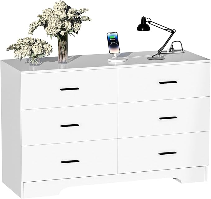 FJTJBSI Dresser with Power Outlets Wooden 6 Drawer Dresser with USB and Type C Port Chest of Drawers for Bedroom Tall White Storage Organizer for Living Room Hallway Closet