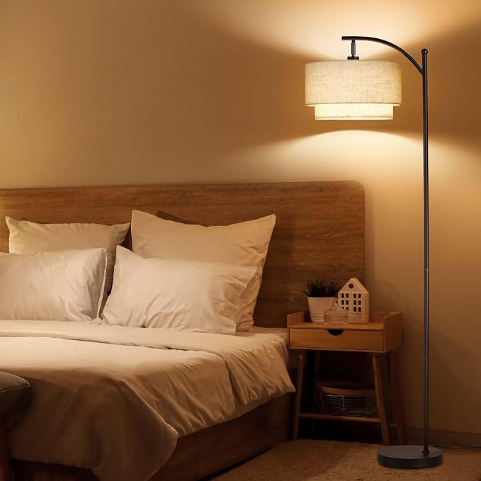 SUNMORY Floor Lamps for Living Room with 12W LED Bulb, Arc Lamp with 3 CCT | Modern Floor Lamps with Adjustable Double Fabric Shades, Industrial Arched Lamp, Tall Standing Lamp for Bedroom, Corner