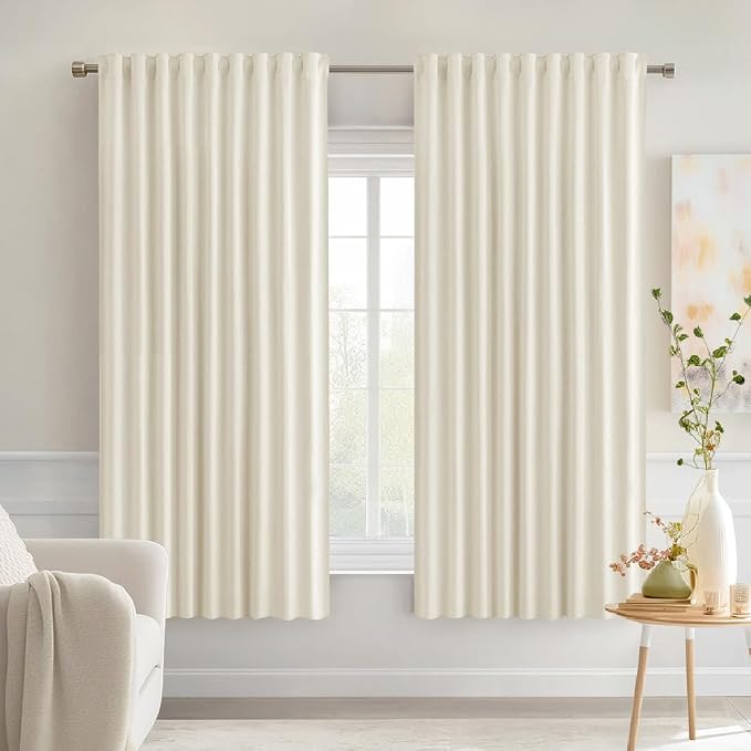MIULEE Beige White Back Tab Blackout Curtains 52x63 Inches Long 2 Panel Set | Rod Pocket Pinch Pleated, Thermal Insulated, Room Darkening, Light Blocking, Privacy Curtains for Living Room Bedroom