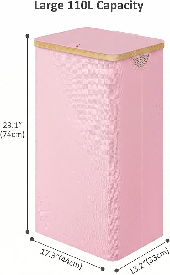 IEGrow Laundry Hamper with Lid,110L Laundry Basket with Mesh Bags,Pink | Dirty Clothes Hamper Basket with Bamboo Handle for Clothes Towels