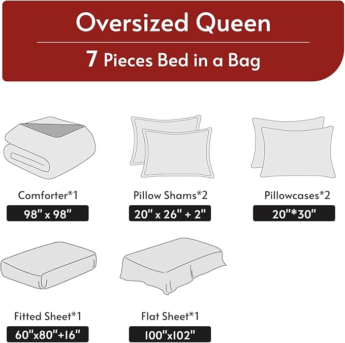 7 Pieces Oversized Queen Comforter Set, Reversible Bed in a Bag Oversized Queen Size, All Season Bedding Set with Comforter, Flat Sheet, Fitted Sheet, Pillowcases & Shams, Light Grey & Beige