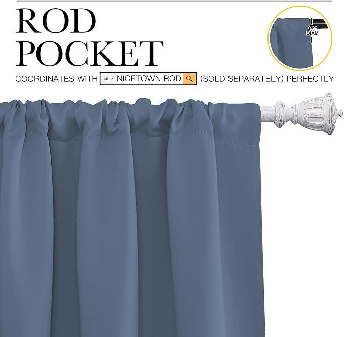 NICETOWN Living Room Curtains, Blackout Curtain Panels, Window Treatment Energy Saving Thermal Insulated Solid Rod Pocket Blackout Drapes/Draperies (Stone Blue, 1 Pair, 52 by 72-inch)