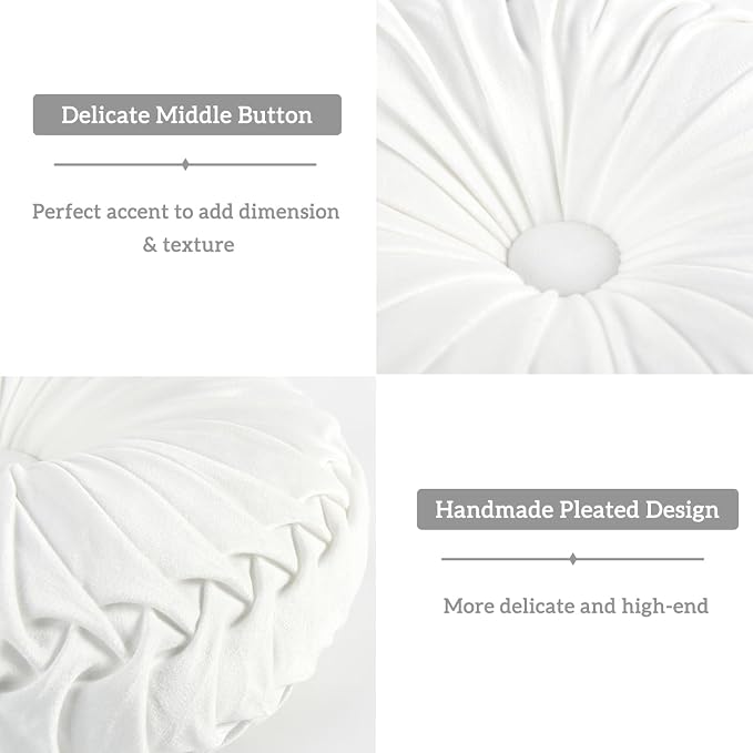 HIG Set of 2 Off White Velvet Decorative Round Pleated Throw Pillows | Vintage Floor Pillows, Classy Accent Pumpkin with Center Button, for Sofa Couch Vanity Chair Bed, 14.5" Diameter