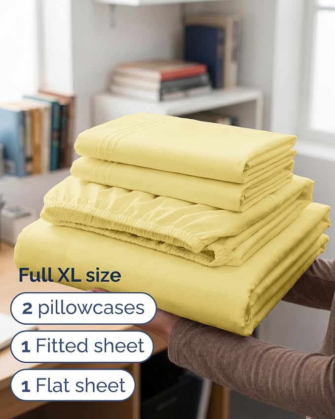 Full XL Sheets - 4 Piece Full XL Sheet Set - Breathable & Cooling - Yellow | Hotel Luxury Bedding for Women & Men with Deep Pockets, Ultra-Soft, Comfy, Easy-Fit, Wrinkle Free & Fade Resistant, Oeko-Tex