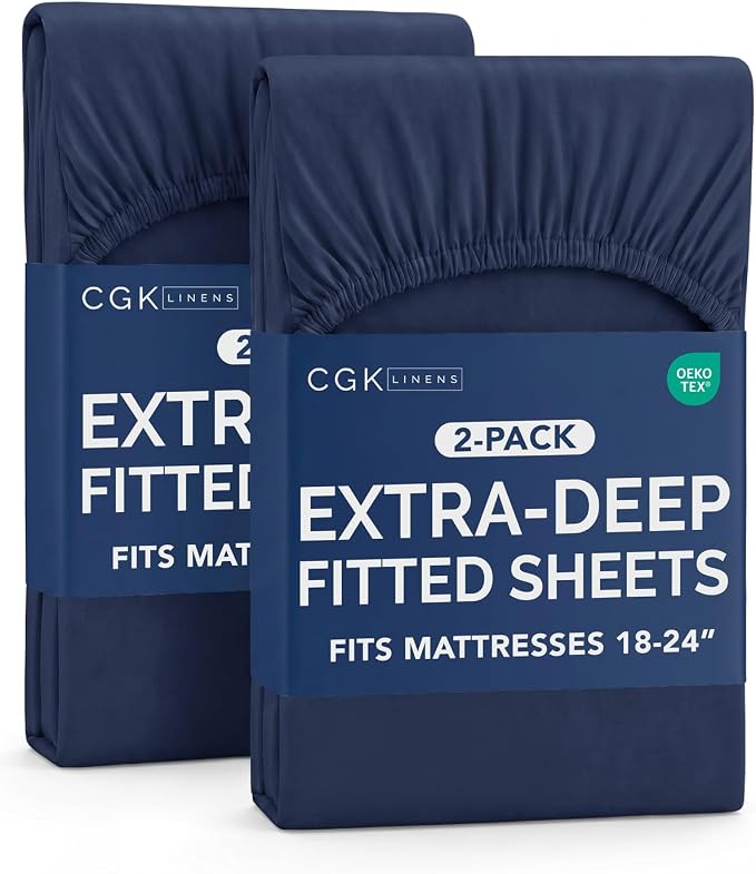 2 Pack Extra Deep Full Fitted Sheets with Extra Deep Pockets - Navy Blue | Hotel Luxury Bottom Fitted Sheets Only, Soft, Fade & Wrinkle Free, Breathable & Comfy, All Around Elastic Fitted Sheets