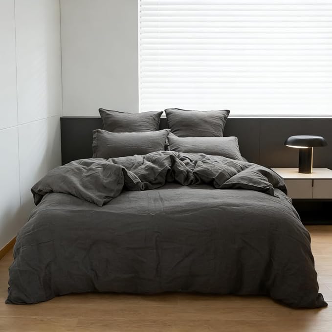 Simple&Opulence 100% Linen Duvet Cover Set 3pcs Basic Style Natural French Washed Flax Solid Color Soft Breathable Farmhouse Bedding with Button Closure - Dark Grey, King