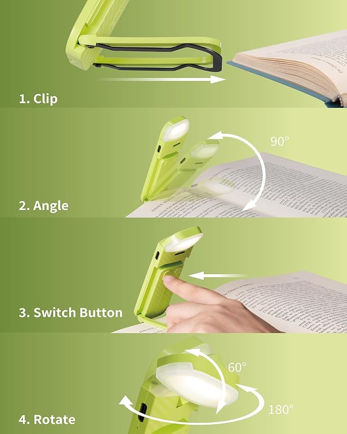 HEMONNKAM Book Reading Light, Rechargeable Clip on Booklight, Eye Caring 3 Color Temperatures & 5 Brightness Levels, Night Use for Bed, Long Lasting, Reading at Night in Bed, Apple Green