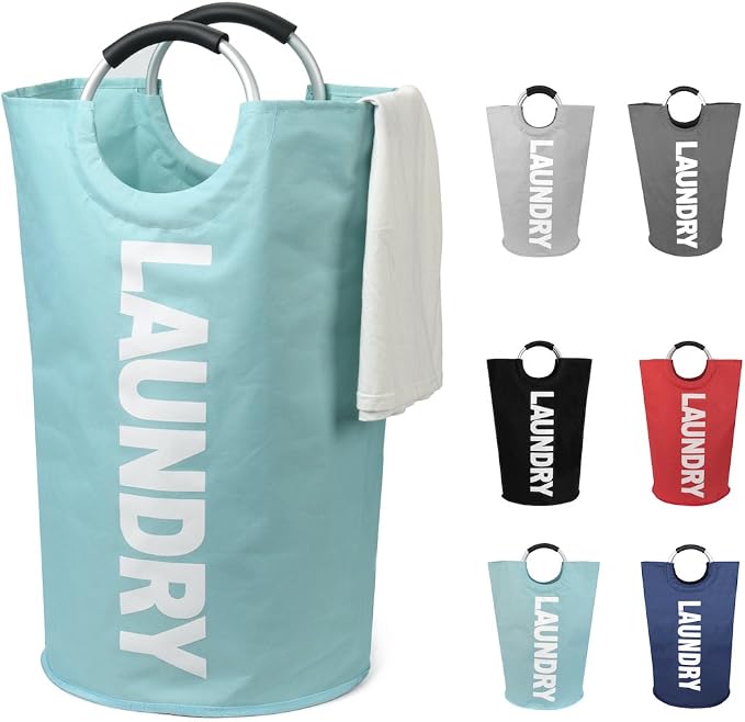 DOKEHOM 125L X-Large Collapsible Washing Laundry Basket Bag (7 Colors) for Bedroom, Fabric (Light Blue, XL) | Freestanding tall washing bin & foldable laundry bag. Extra large clothes storage basket with durable sturdy handles