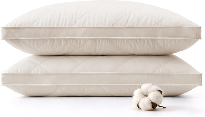 puredown® Goose Feathers and Down Pillows, 100% Organic Cotton Cover, Gusseted Pillow for Sleeping Hotel Collection Bed Pillows, Standard, Set of 2