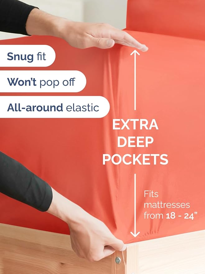 Extra Deep King Fitted Sheet - Single Fitted Sheet Only - Coral | Easily Fits 18 inch to 24 inch Mattress, Soft, Wrinkle Free, Breathable & Comfy, Extra Deep Pockets Hotel Luxury Fitted Sheet