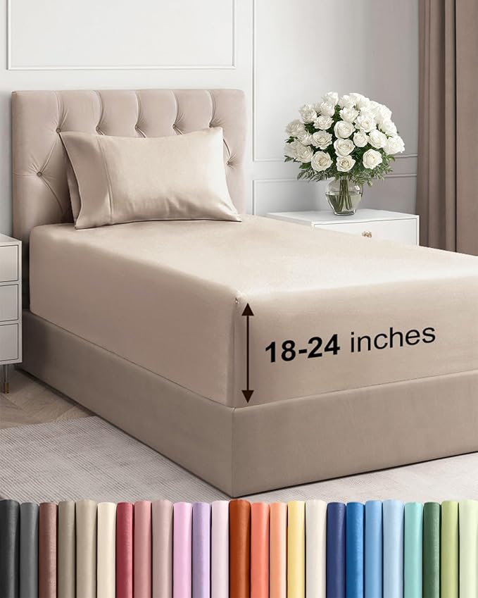 Extra Deep Twin Sheet Set - 3 Piece Breathable & Cooling Bed Sheets - Wheat | Easily Fits 18 to 24 inch Mattress - Ultra Soft, Wrinkle & Fade Free with Extra Deep Pockets - Comfy Hotel Luxury Bedding