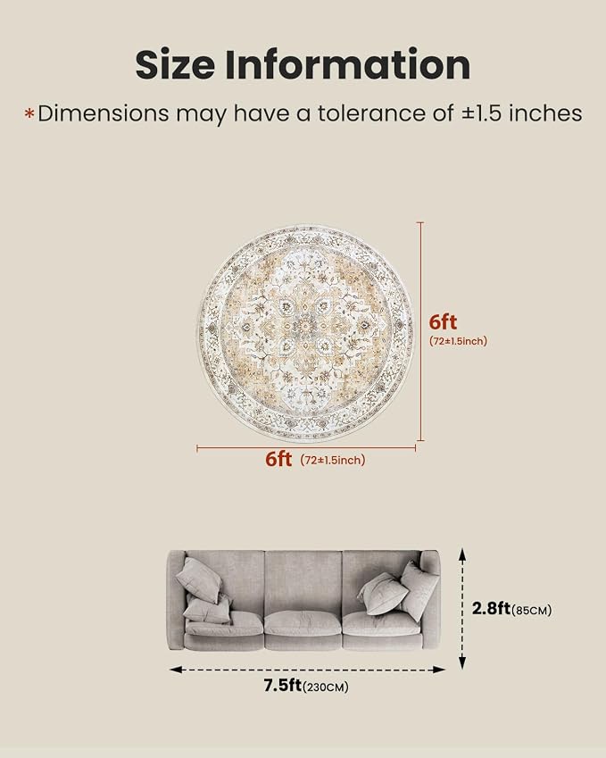 AMADA HOMEFURNISHING Round 6ft Area Rugs, Low-Profile Washable Rug with Non-Slip Backing & Durable Edge Binding, Vintage Rugs for Living Room, Bedroom, Dinning Room