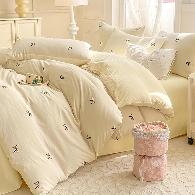 Nayoroom Bow Duvet Cover Queen Size Reversible Aesthetic Duvet Cover 3 Pieces Soft Lightweight Microfiber Kids Girls Cute Dorm Bedding Set, White/Yellow