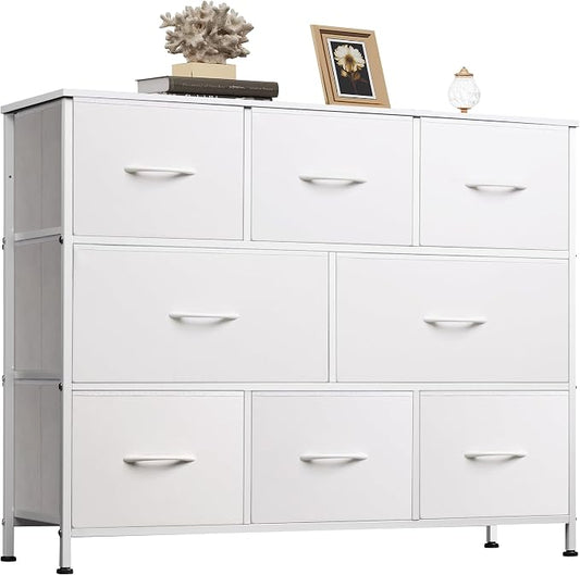 WLIVE 8 Drawer Dresser for Bedroom, Wide Chest of Drawers, White | 8 roomy fabric drawers, Large storage design, Bedroom or living room, Sturdy steel frame, Smooth wood tabletop