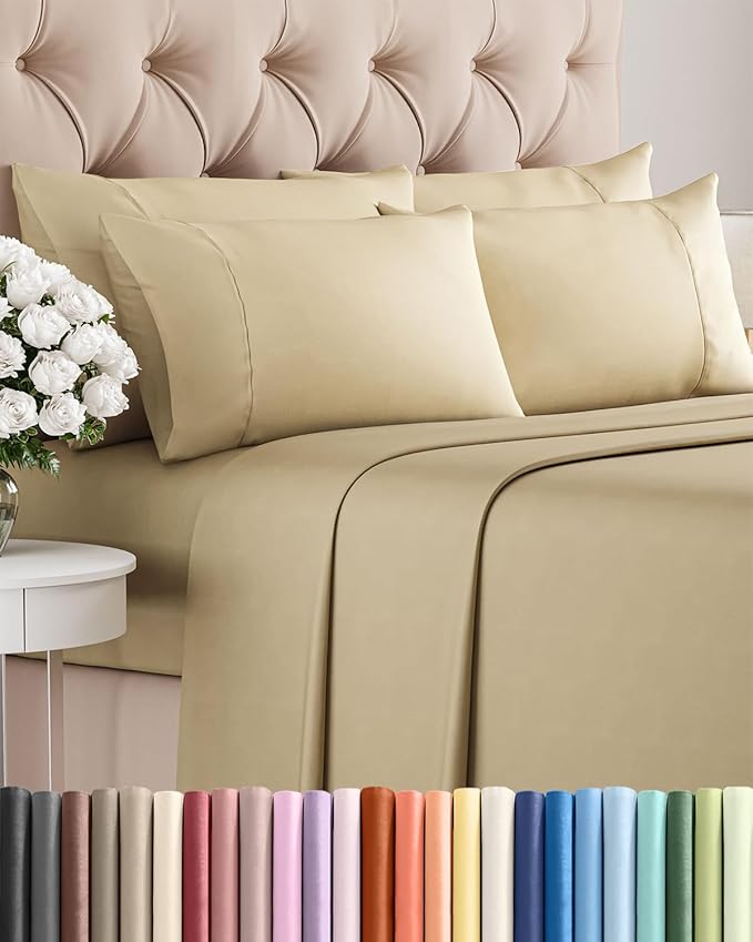 King 6 Piece Bed Sheet Set - Comfy, Breathable & Cooling Sheets - Beige | Ultra Soft Hotel Luxury Bedding Set w/ 8-16 Inch Deep Pockets - 1 Flat & 1 Fitted Sheet & 4 Pillowcases - Wrinkle & Fade Free