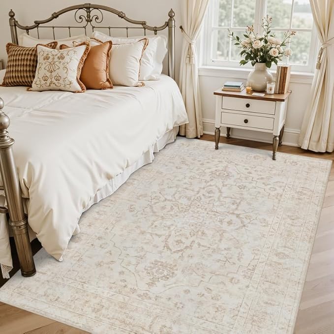 6x9 Area Rugs Living Room: Bedroom Washable Carpet Warm Beige | Vintage Boho Soft Small Indoor Decor Floor Non-Slip Low Pile Neutral Farmhouse Entryway Laundry Bathroom Bedroom Beside Rugs