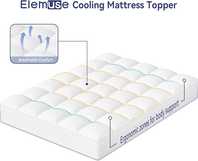 ELEMUSE Full XL Mattress Topper, Thick Pillow Top Bed Topper Mattress Pad | Plush comfort from overfilled down alternative fill. Deep pocket fits Full XL beds for tall sleeper, apartment and guest room
