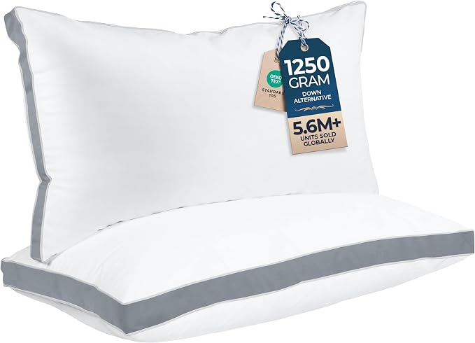 Utopia Bedding Gusset Bed Pillow, Hotel Pillows King Size Set of 2, Grey | Cotton Blended Down alternative pillows for sleeping, soft fluffy cooling comfort for Back, side & stomach sleepers, 2 pack