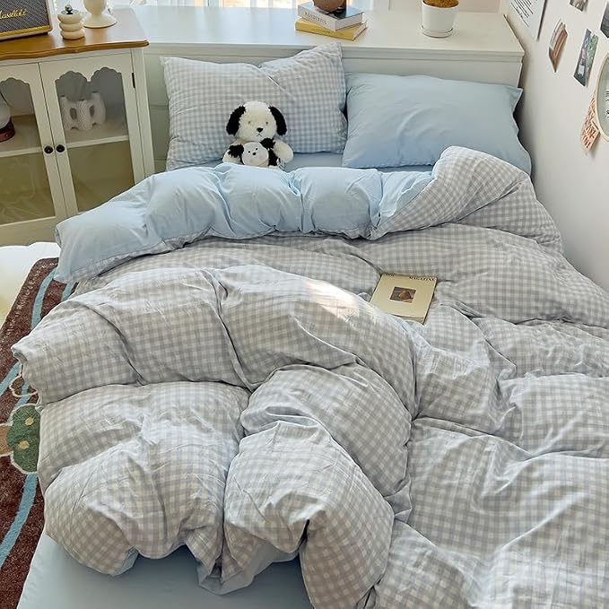 Nayoroom Blue Gingham Duvet Cover Full Reversible Plaid Checkered Bedding | Modern Farmhouse Coastal, Dorm Bedding, Soft Breathable Washed Microfiber, All-Season Comfort, Hidden Zipper, 4 Corner Ties