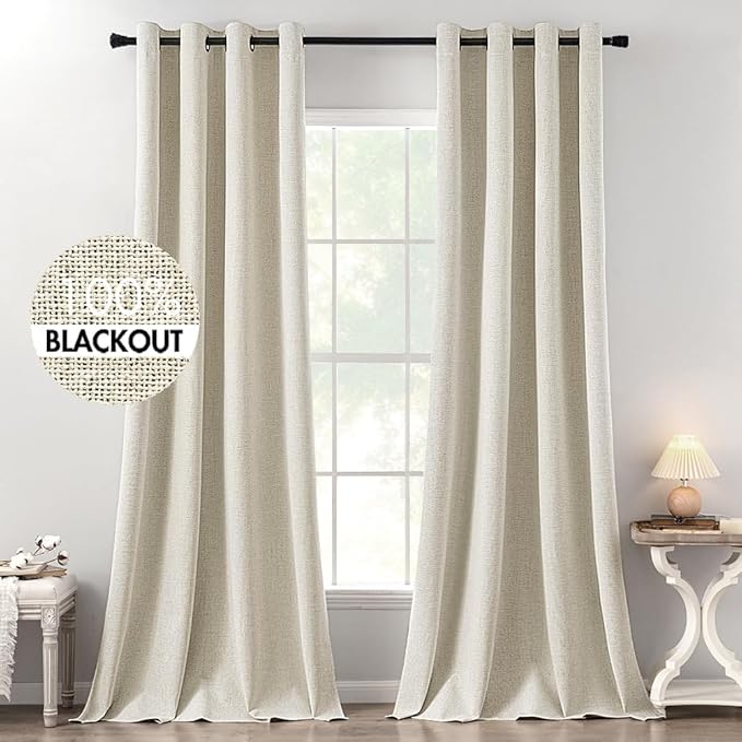 MIULEE 100% Blackout Linen Curtains for Bedroom 52x120 Inches Cream | Room Darkening, Light Blocking, Thermal Insulated, Grommet Top, Linen Textured, Window Curtains for Living Room, 2 Panels