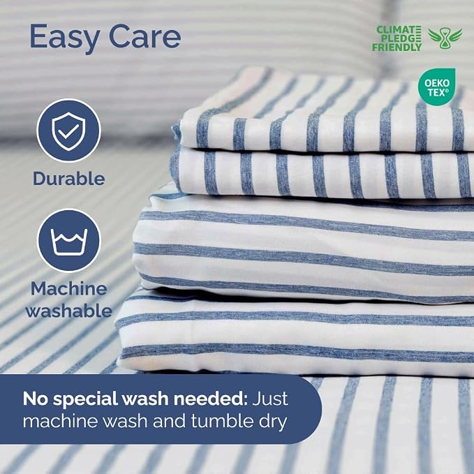 Short Queen Size 4 Piece Bed Sheet Set - RV Short Queen - Blue Stripes | Ultra-Soft, Breathable & Cooling Bed Sheets Set with Deep Pockets, Hotel Luxury Bedding for Women & Men, Wrinkle & Fade Free