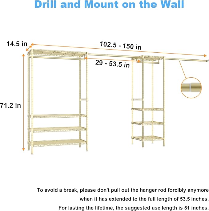 Ulif E11 Heavy-Duty Garment Rack, Metal Clothes Rack, Load 1034lbs, Gold | Freestanding Expandable Closet Storage Organizer System with 8 Shelves and 4 Hanger Rods, (73.2-97.6)"W x 14.5"D x 71.2"H
