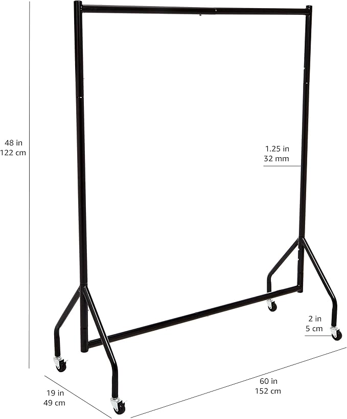 Amazon Basics Heavy Duty Portable Rolling Garment Rack, Hanging Clothes Organizer Rail for Display and Storage, Easy to Assemble, 19 x 60 x 48 inches, Black