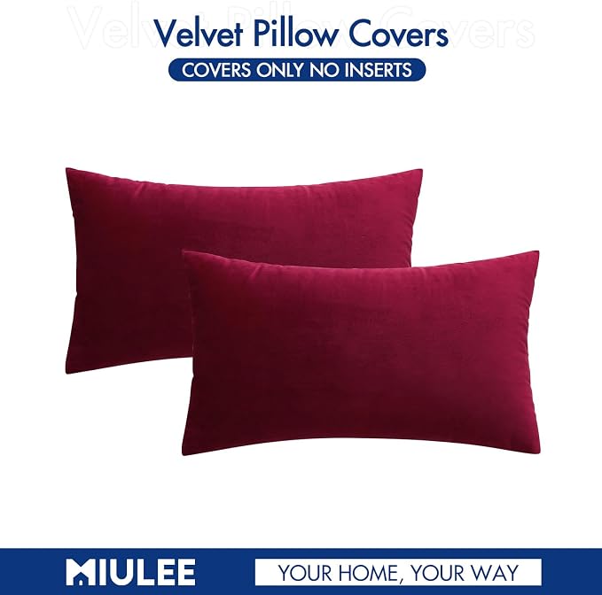 MIULEE 12x20 Inch Lumbar Velvet Throw Pillow Covers Wine Red | Pack of 2 Soft Solid Decorative Pillow Covers, Modern Luxury Home Decor, for Chair Couch Sofa Bedroom Livingroom