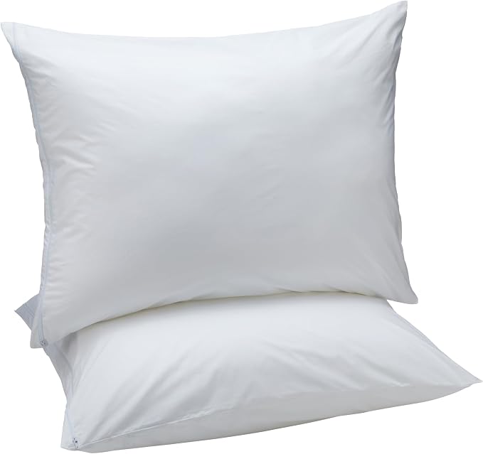 Amazon Basics Down Alternative Bed Pillows and Pillow Protector Case Set, Medium Density, Standard Size 26" x 20", Hypoallergenic, Microfiber, Washable, White, 2-Pack