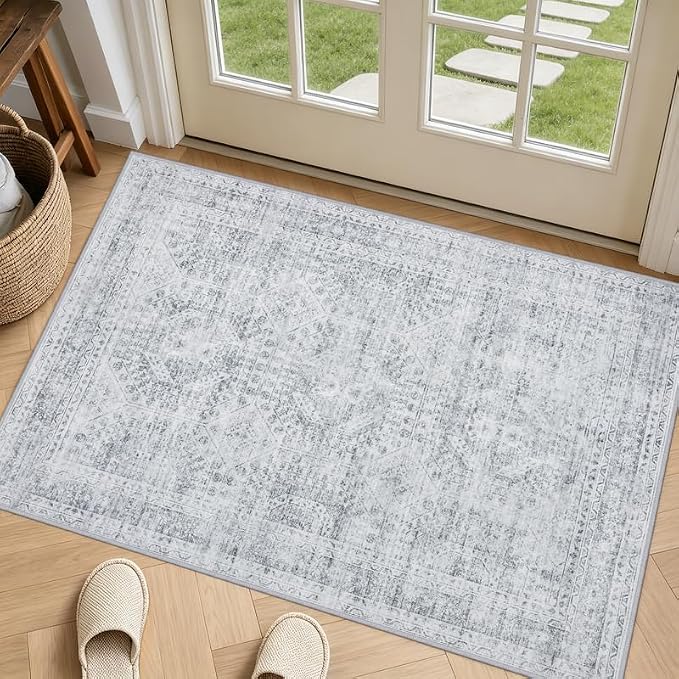 Washable Area Rugs 2x3: Neutral Living Room Bedroom Carpet Gray | Vintage Boho Soft Small Indoor Decor Floor Non-Slip Low Pile Neutral Farmhouse Entryway Laundry Bathroom Bedroom Beside Rugs