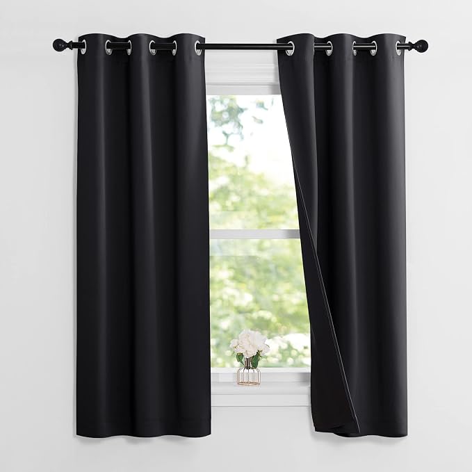 NICETOWN Black Blackout Curtains for Kids Room 37" Wide x 60" Long 2 Panels | Complete 100% Blackout Thermal Insulated Energy Efficiency Window Draperies with Black Liner, Noise Reducing Short Curtains