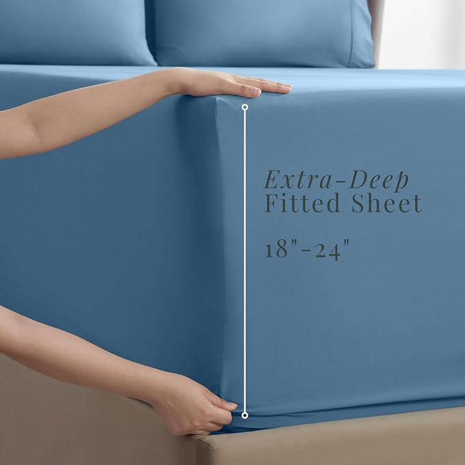 Hearth & Harbor Extra Deep Pocket Sheets - Fits Mattress 18-24 Inches Deep - Extra Deep Pocket California King Size - 6 Piece Cal King Sheets - Cal King, Blue Heaven
