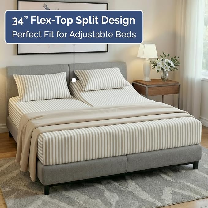 Flex Top Split Head King 4 Piece Sheet Set - Soft & Cooling - Beige Stripes | Cooling Bed Sheets Set, Hotel Luxury Bedding for Women & Men with Deep Pockets, Wrinkle Free & Fade Resistant, Oeko-Tex