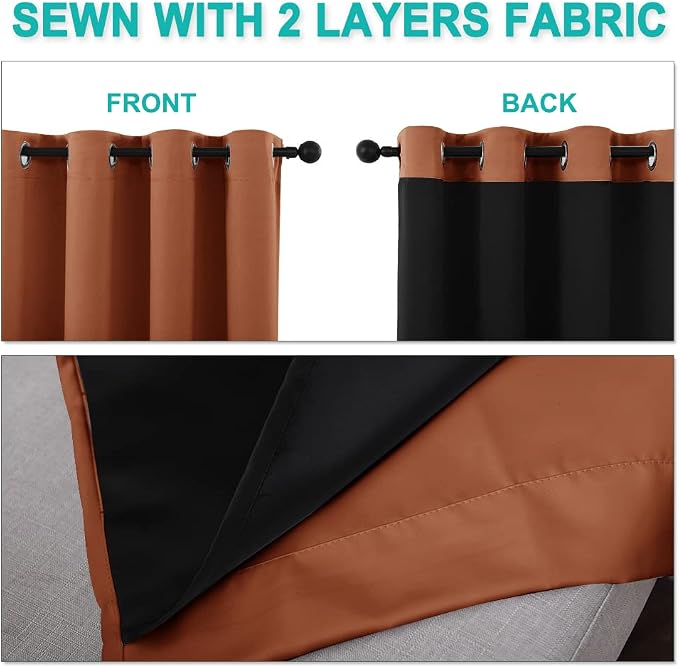 NICETOWN Burnt Orange 100% Blackout Curtains 45 inches Long, 2 Thick Layers Completely Blackout Window Treatment Thermal Insulated Lined Drapes for Small Window (1 Pair, 52 inches Width Each Panel)