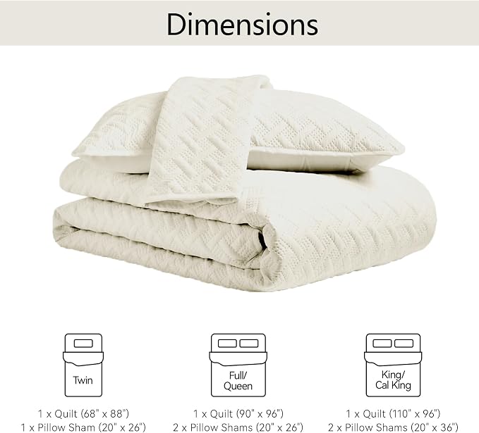FLYMME Quilts King Size,Lightweight Cream Bedspreads,Basket Weave Pattern,Ultra Soft Microfiber Bed Coverlet 3 Pieces for All-Seasons (1 Quilt,2 Pillow Shams)