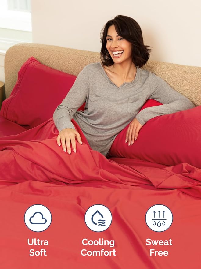 Extra Deep Queen Fitted Sheet - Single Fitted Sheet Only - Red | Easily Fits 18 inch to 24 inch Mattress, Soft, Wrinkle Free, Breathable & Comfy, Extra Deep Pockets Hotel Luxury Fitted Sheet