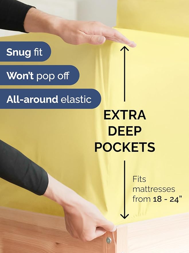 Extra Deep King Sheet Set - 4 Piece Breathable & Cooling Sheets - Yellow | Easily Fits 18 to 24 inch Mattress - Ultra Soft, Wrinkle & Fade Free with Extra Deep Pockets - Comfy Hotel Luxury Bedding