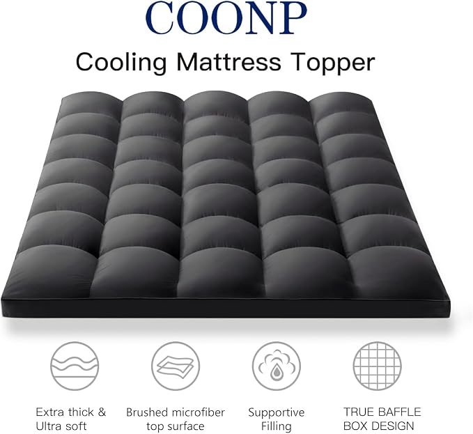 Full Mattress Topper, Extra Thick Pillowtop, Cooling Plush Mattress Pad Cover Bed Topper Protector with 8-21 Inch Deep Pocket (Black, Full) | Cooling Mattress Cover, Overfilled Top Bed Topper Protector for Back Pain, Soft Breathable for Hot Sleeper, Black