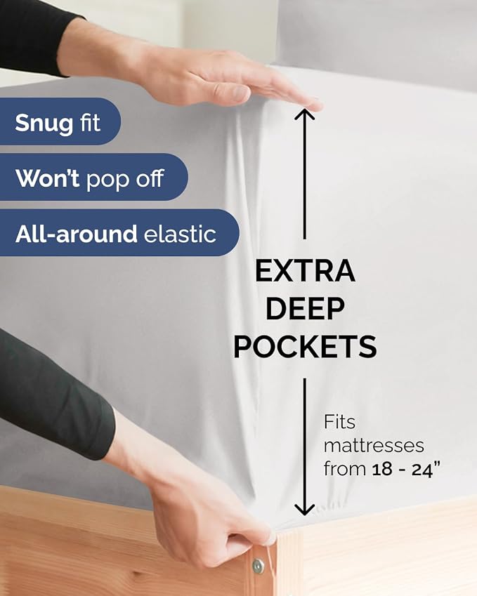 Flex Top Split Head King Sheet Set - 4 Piece Extra Deep - French Grey | Easily Fits 18 to 24 inch Mattress, Ultra Soft, Wrinkle & Fade Free with Extra Deep Pockets, Comfy Hotel Luxury Bedding