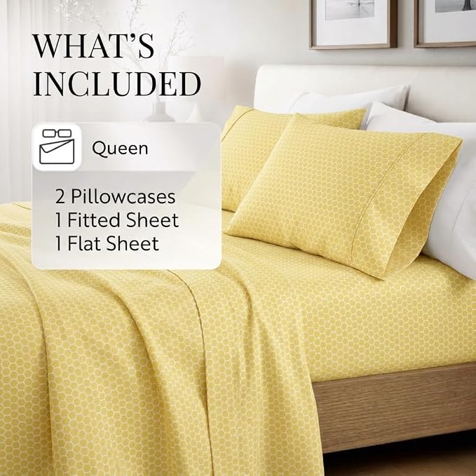 Linen Market Patterned Microfiber Queen Sheet Set 4 Piece – Oeko-TEX Certified Ultra Soft & Wrinkle-Free - 16" Deep Pocket Sheets - Easy Care Queen Size - Honeycomb Yellow