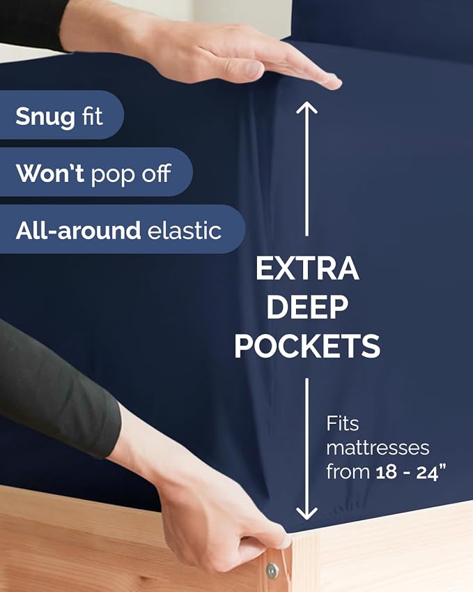 2 Pack Extra Deep Full Fitted Sheets with Extra Deep Pockets - Navy Blue | Hotel Luxury Bottom Fitted Sheets Only, Soft, Fade & Wrinkle Free, Breathable & Comfy, All Around Elastic Fitted Sheets