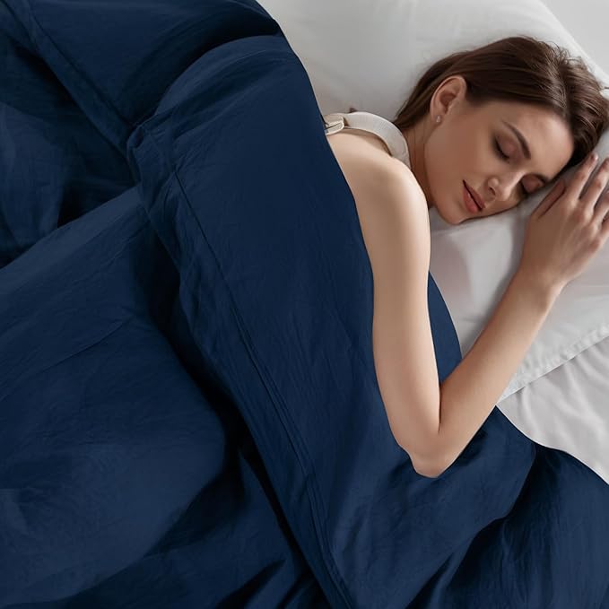 NEXHOME PRO King Duvet Cover Set, 100% Certified Organic Cotton with Washed Feel & Linen-Like Texture, Comfortable & Breathable, Home Bedding Set Navy (No Comforter)