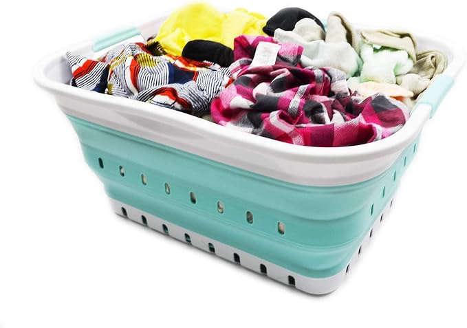 SAMMART 42L (11 gallon) Collapsible Plastic Laundry Basket - Foldable Pop Up Storage Container/Organizer - Space Saving Hamper/Basket (1, White/Lake Green)