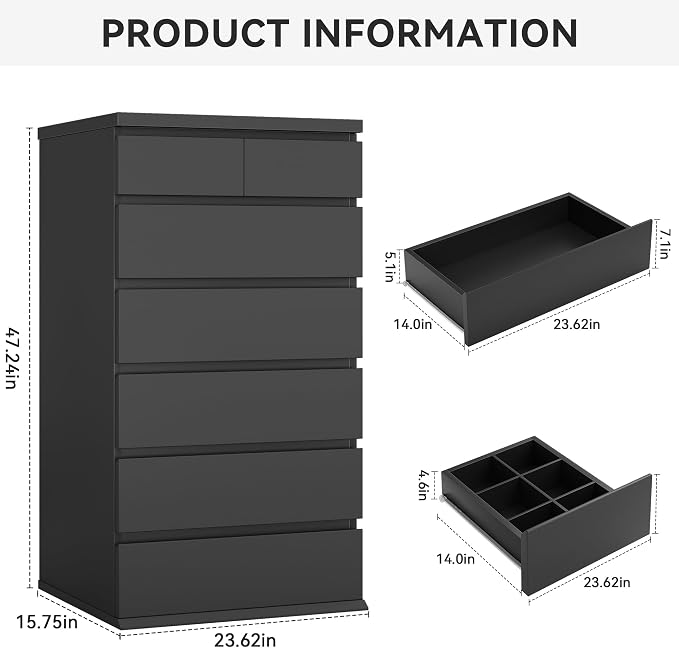 Black Tall 7 Drawer Dresser for Bedroom, Modern Wood Closet Dressers & Chests of Drawers with Jewelry Storage, 23.6" L*15.8" W*47.5" H in Large Vertical Dresser for Bedroom, Living Room, Nursery